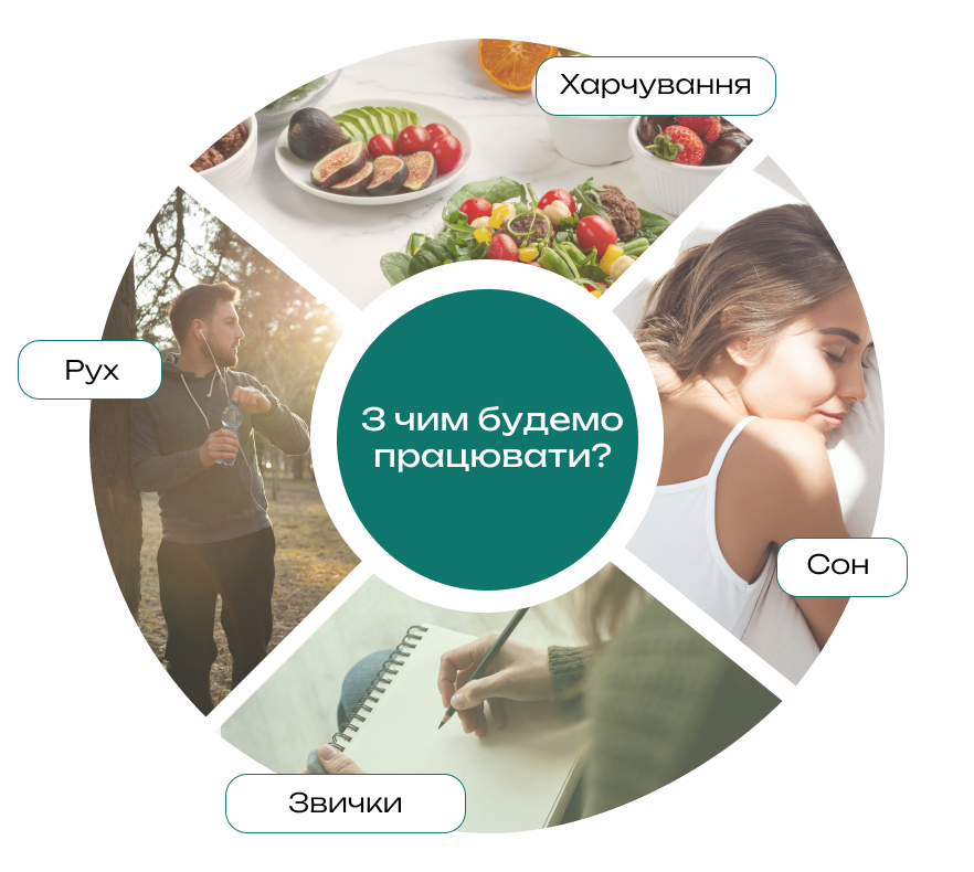 Чотири складові цілісного підходу: харчування, рух, сон і звички